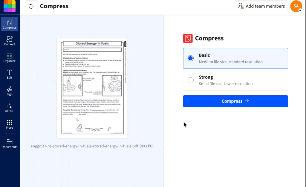 Users experience fast and efficient PDF compression with Smallpdf’s Compress tool.