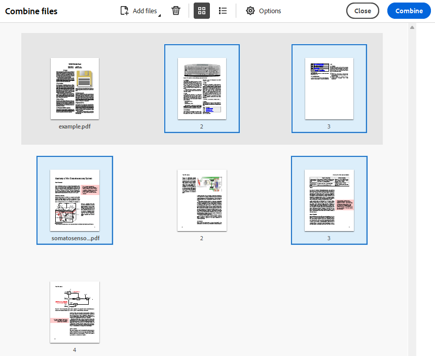Adobe Acrobat’s Combine files feature allows you to select exact pages from the documents you want to combine.