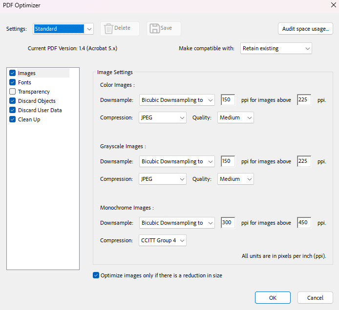 Adobe Acrobat offers extensive setting for compressing files.