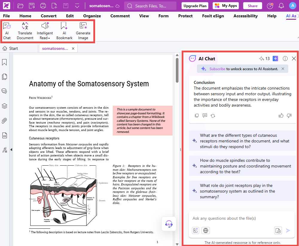 Foxit AI offers AI features like chat, translation, intelligent read, AI bookmarks, and image generation.