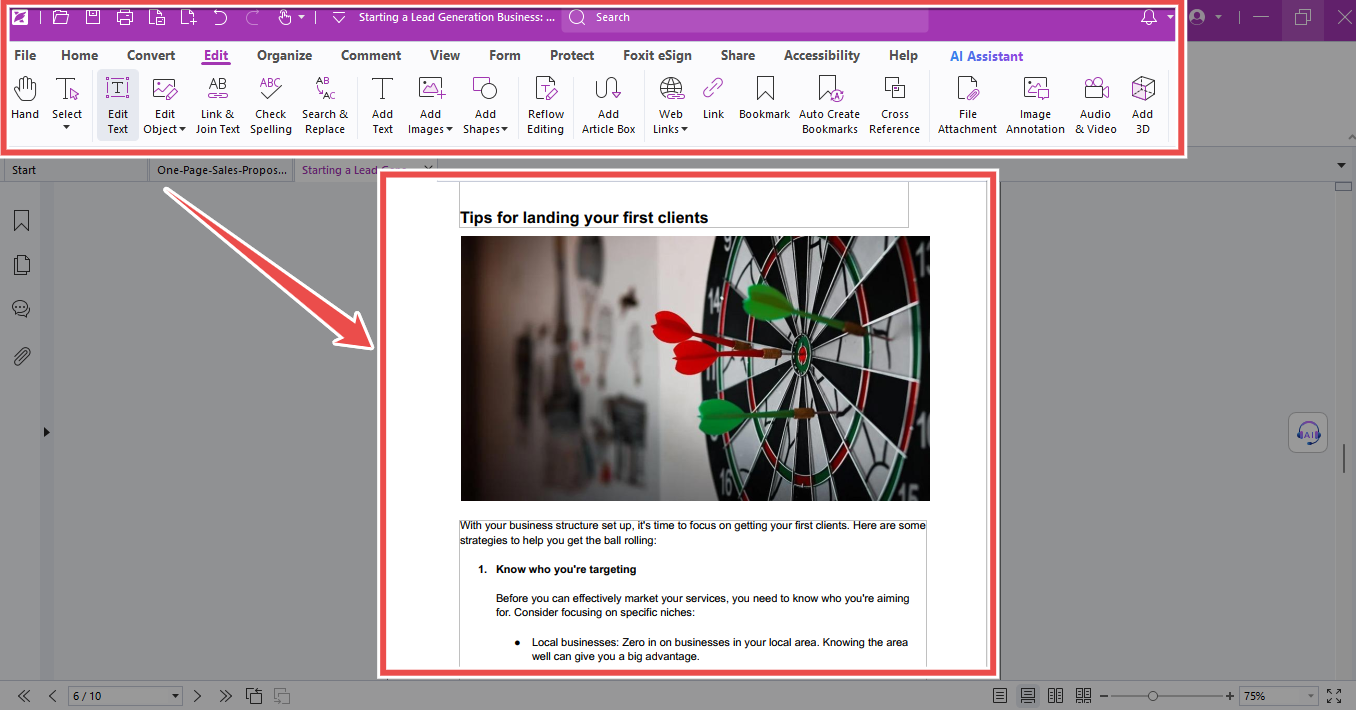 Foxit PDF Editor shows the user interface with vertical navigation panel on the left and horizontal toolbars at the top.