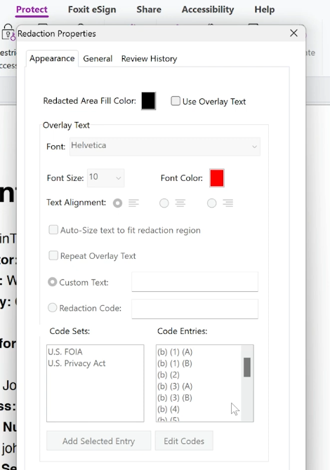 Foxit's Redaction Properties offer customization options including fill color, overlay text settings, and FOIA code entries for marking sensitive content.